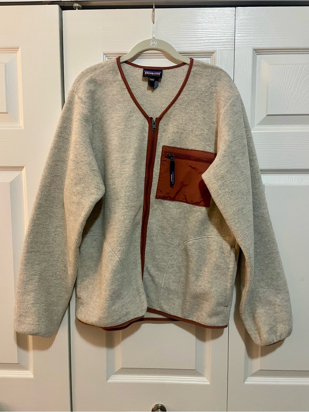 Patagonia Cream Fleece Zip Cardigan with Brown Trim